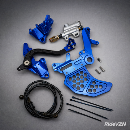 CNC aluminum rear brake pedal upgrade kit with bracket and hydraulic line — compatible with Sur-Ron LBX, Talaria, Ultra Bee, and Falcon Pro electric dirt bike